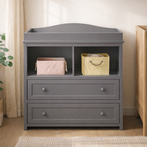 Gray corner cabinet with two drawers and two storage bins in a room setting.