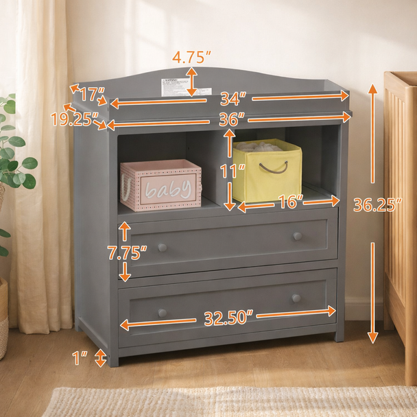 Gray dresser with dimensions marked on it in a room setting.