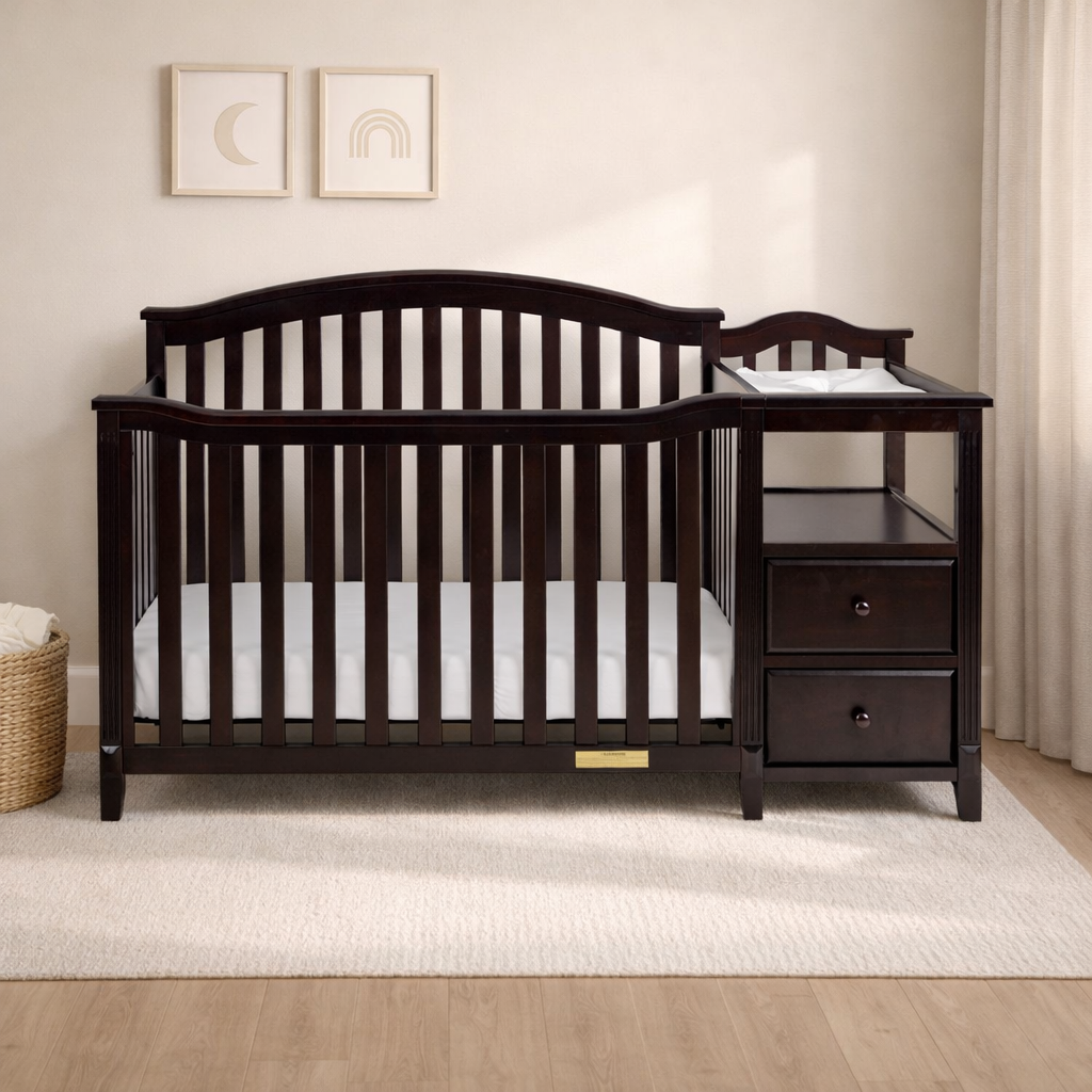 Dark wood crib with changing table in a nursery setting