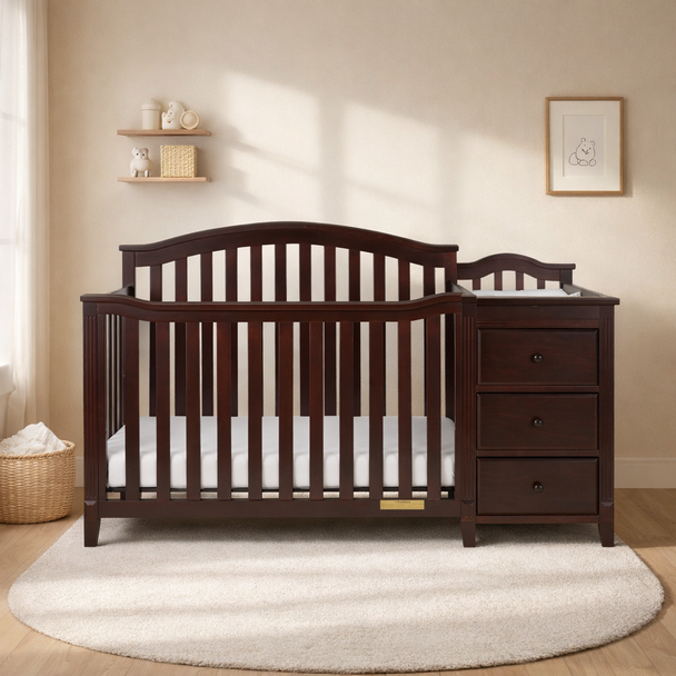 Wooden crib with changing table in a nursery setting