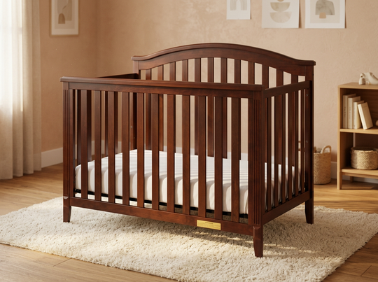 Wooden crib in a nursery with beige walls and a rug.