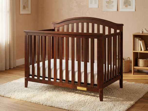 Wooden crib in a nursery with beige walls and a rug.