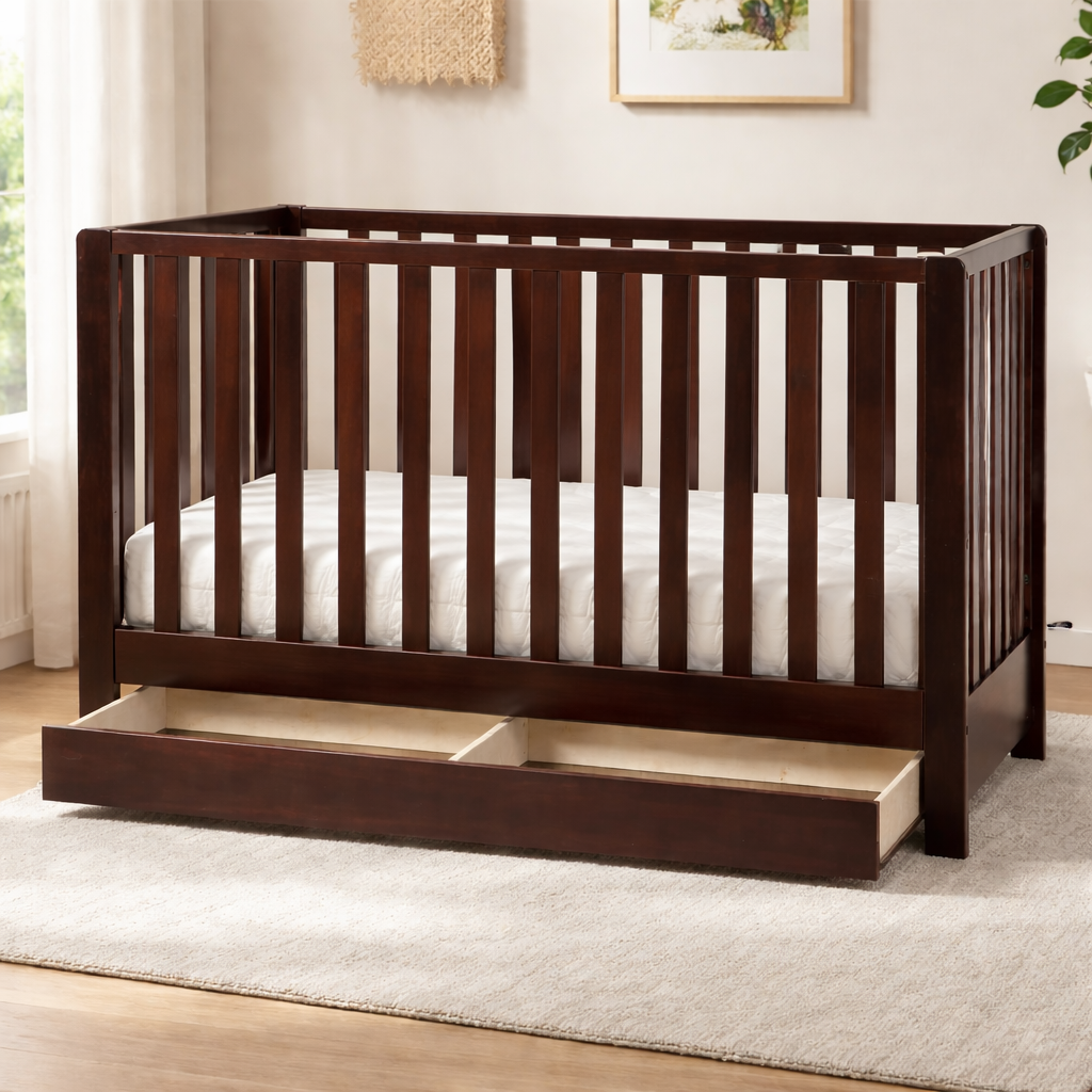 Wooden crib with a white mattress in a room with light-colored walls and a rug.