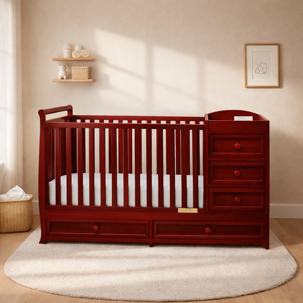 Red crib with changing table in a nursery setting