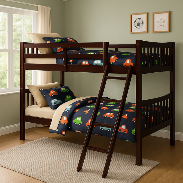 Children's bedroom with a wooden bunk bed featuring colorful car-patterned bedding.