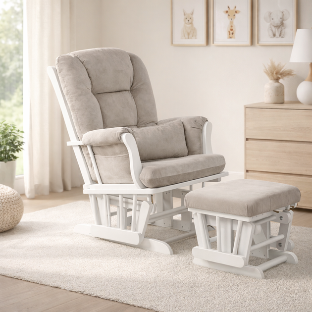 Beige glider chair with ottoman in a nursery setting