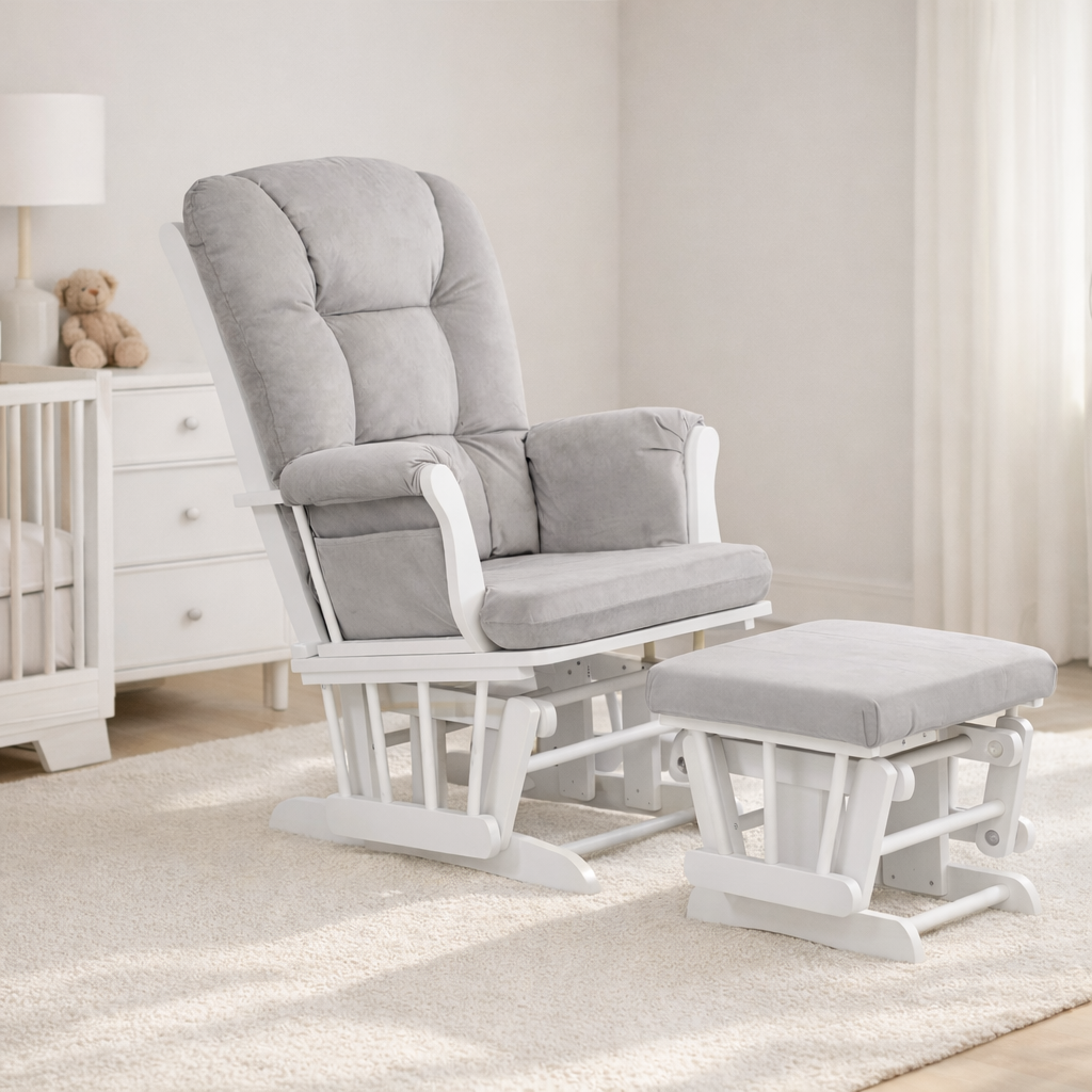 Gray glider chair with ottoman in a nursery setting