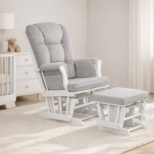 Gray glider chair with ottoman in a nursery setting