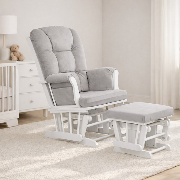 Gray glider chair with ottoman in a nursery setting