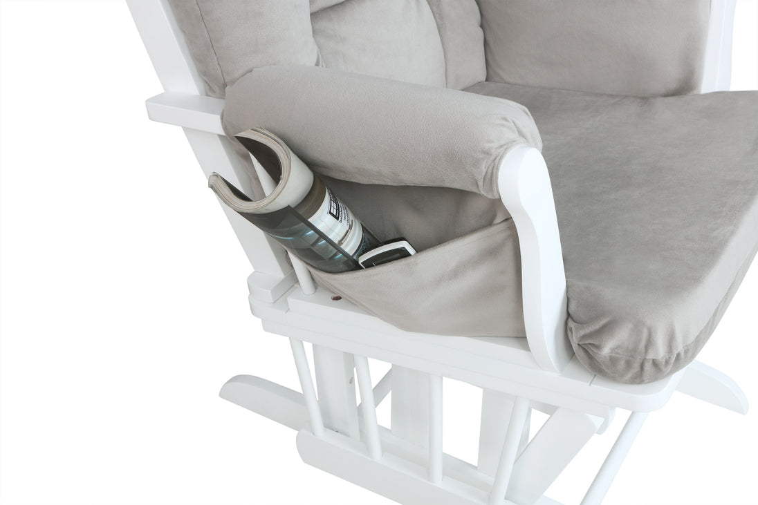 White rocking chair with gray cushion on a white background