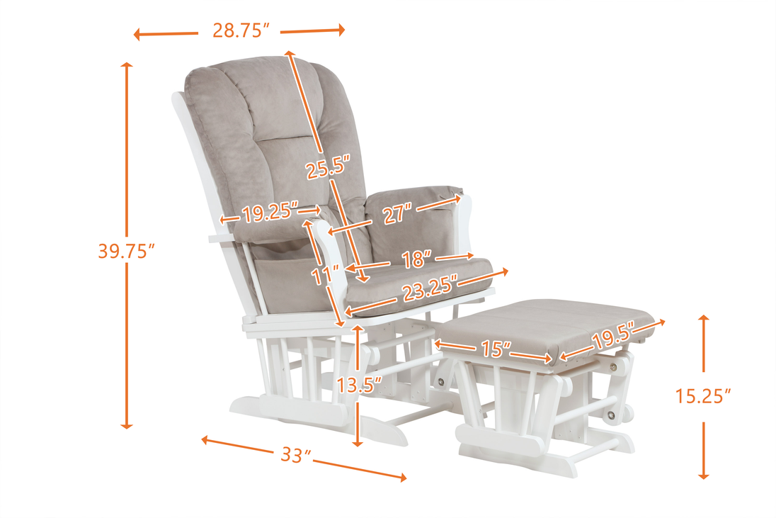 Glider chair with ottoman and measurements on a white background
