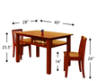 Wooden dining table with chairs and dimensions labeled on a white background