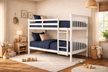 White bunk bed in a child's bedroom with blue bedding, wooden toys, and a lamp.