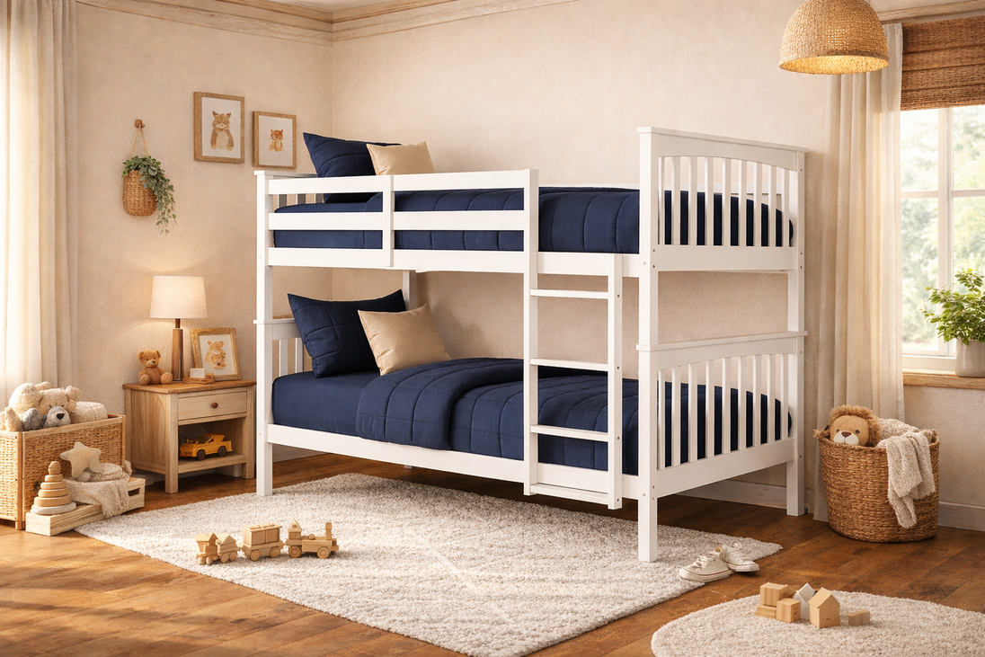 White bunk bed in a child's bedroom with blue bedding, wooden toys, and a lamp.