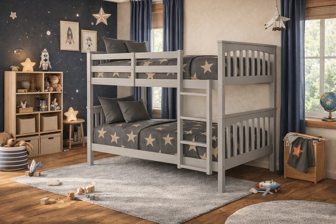 Children's bedroom with a gray bunk bed, star-themed decor, and toys.