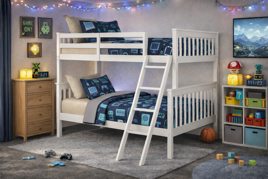 White bunk bed in a child's bedroom with toys and furniture around.