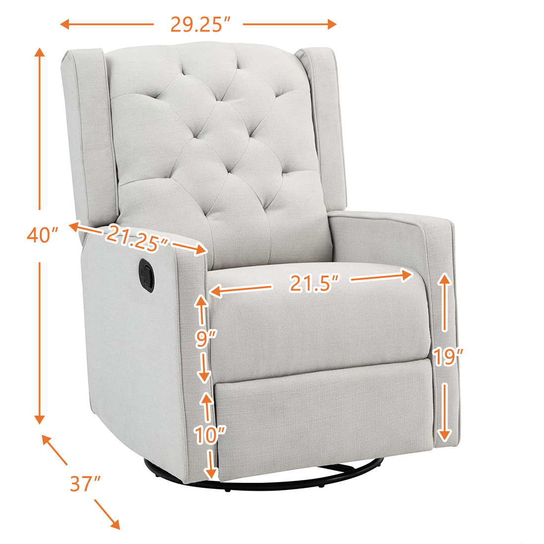 Gray recliner chair with dimensions marked on a white background