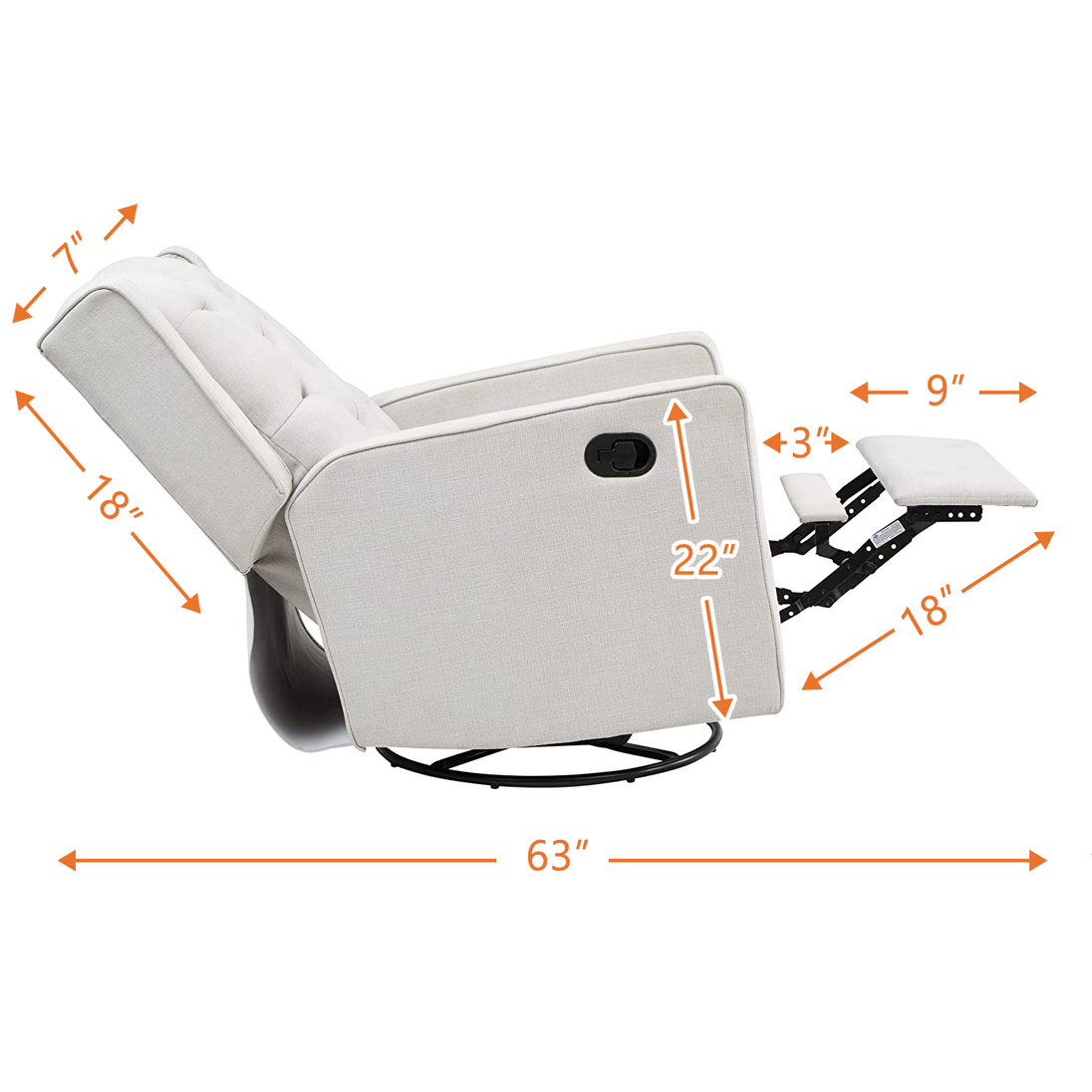 White recliner chair with dimensions labeled on a white background
