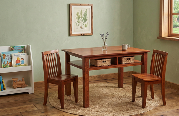 Wooden dining table with chairs in a room with a green wall and window.