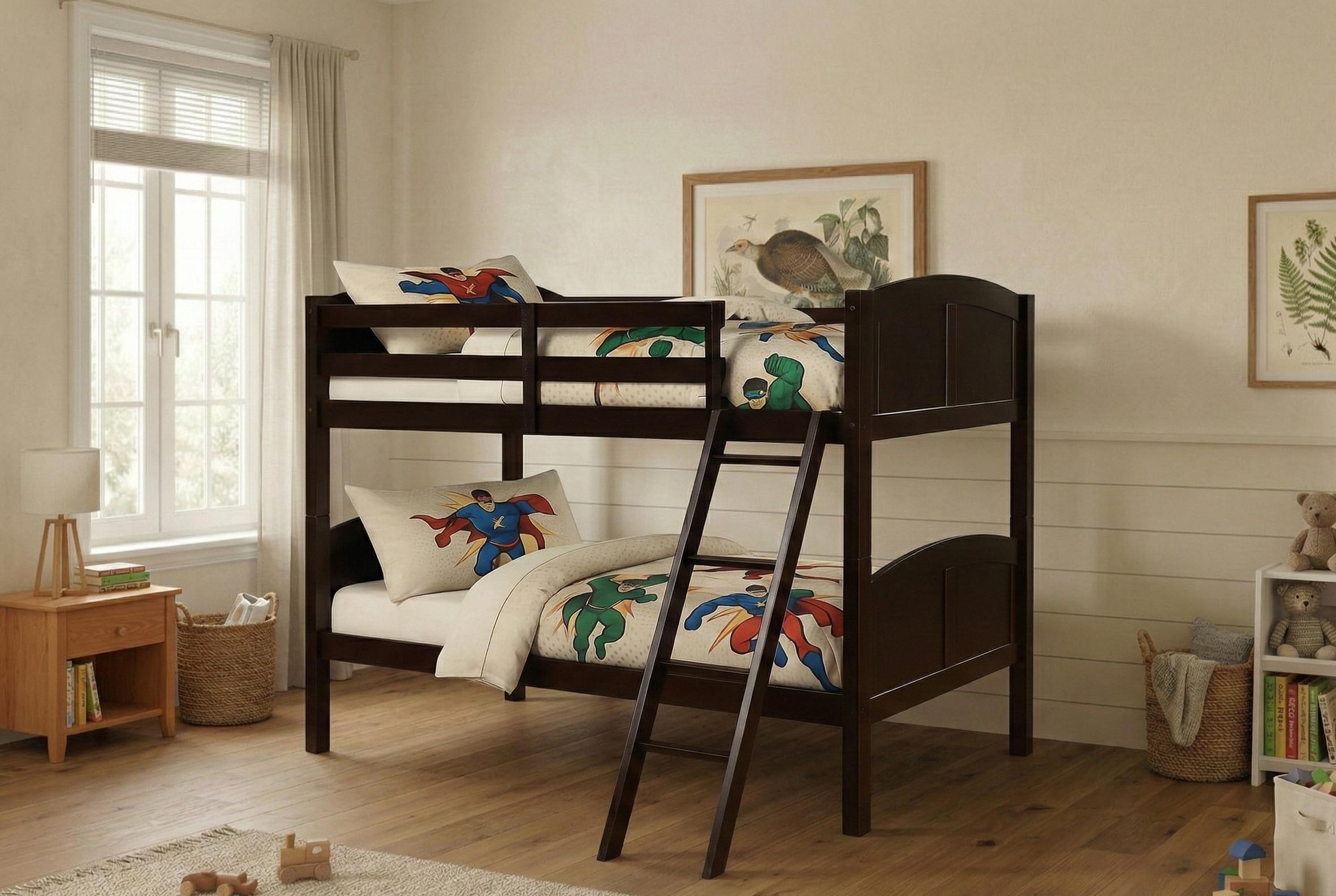 Children's room with a wooden bunk bed, toys, and furniture.