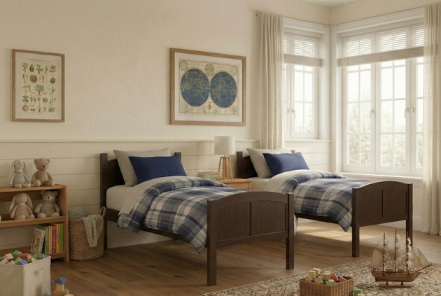 Children's bedroom with two beds, toys, and decor elements.