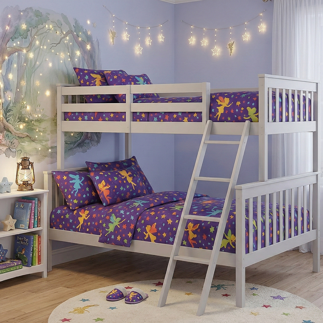 Children's bedroom with a white bunk bed, colorful bedding, and fairy-themed decor.