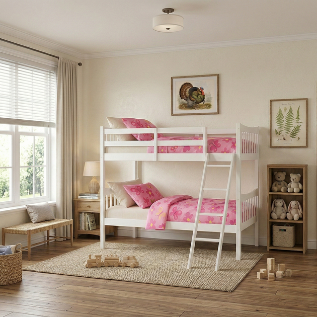 Children's bedroom with a white bunk bed, pink bedding, and toys on a wooden floor.
