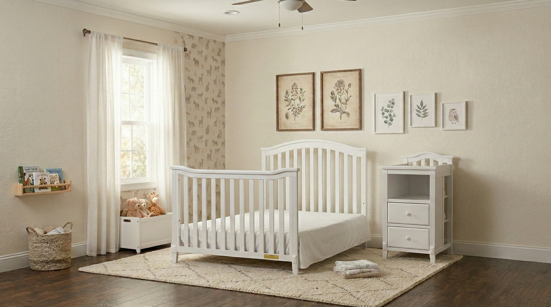 Nursery room with white crib, nightstand, and decorative elements.