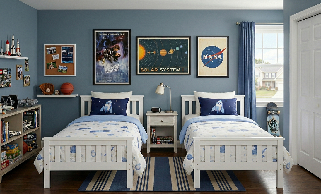 Children's bedroom with NASA-themed decor, including posters and bedding.